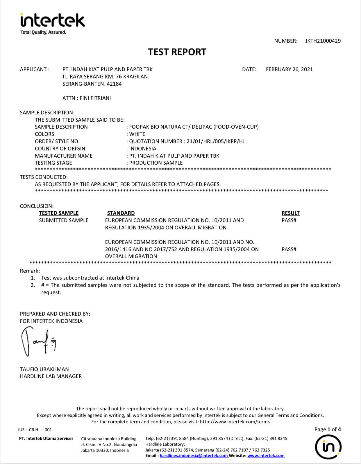 No Plastic & PFAS free paper – Intertek microwave Report