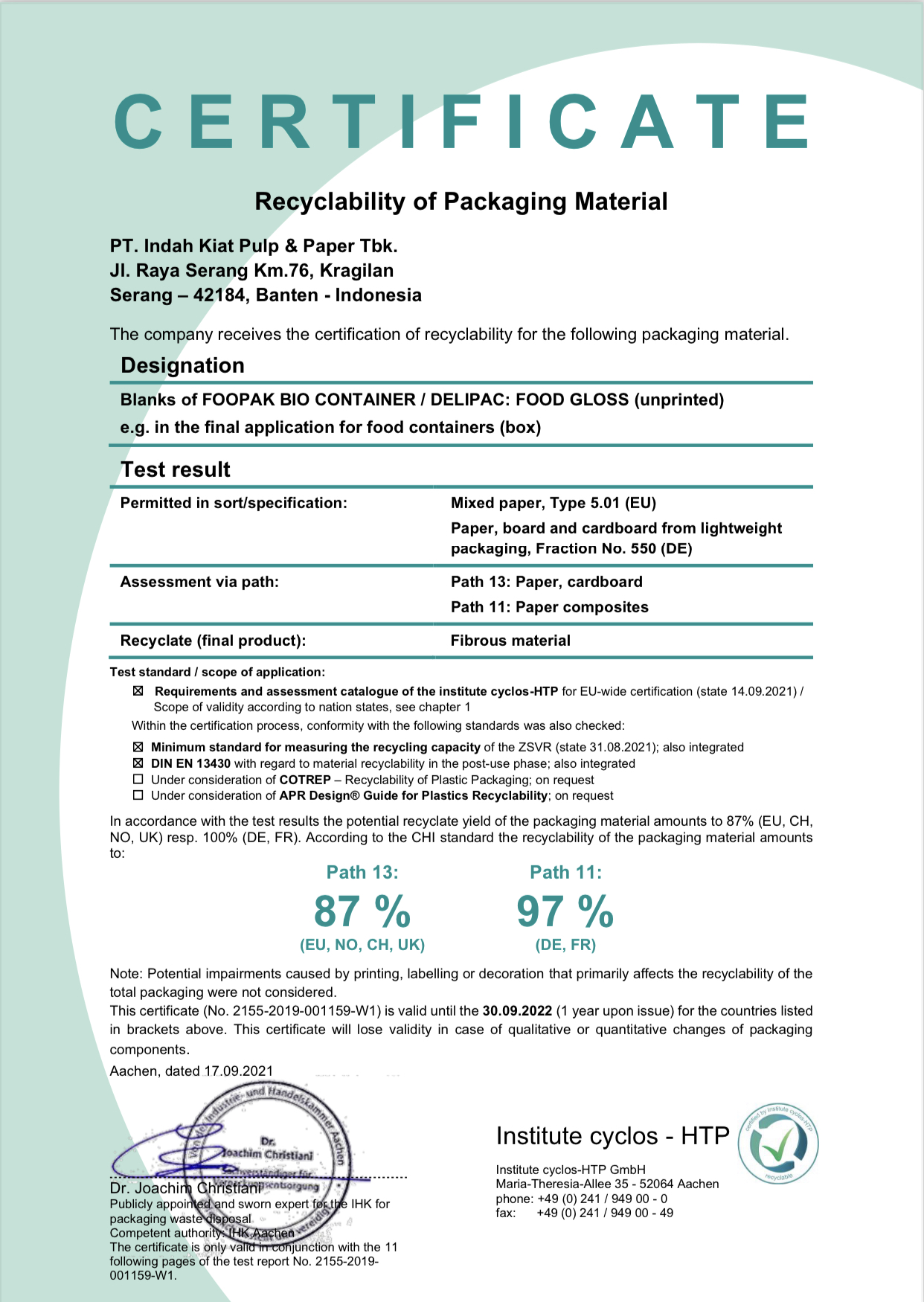 No Plastic & PFAS free paper – Institute Cyclos Recyclability Certification1